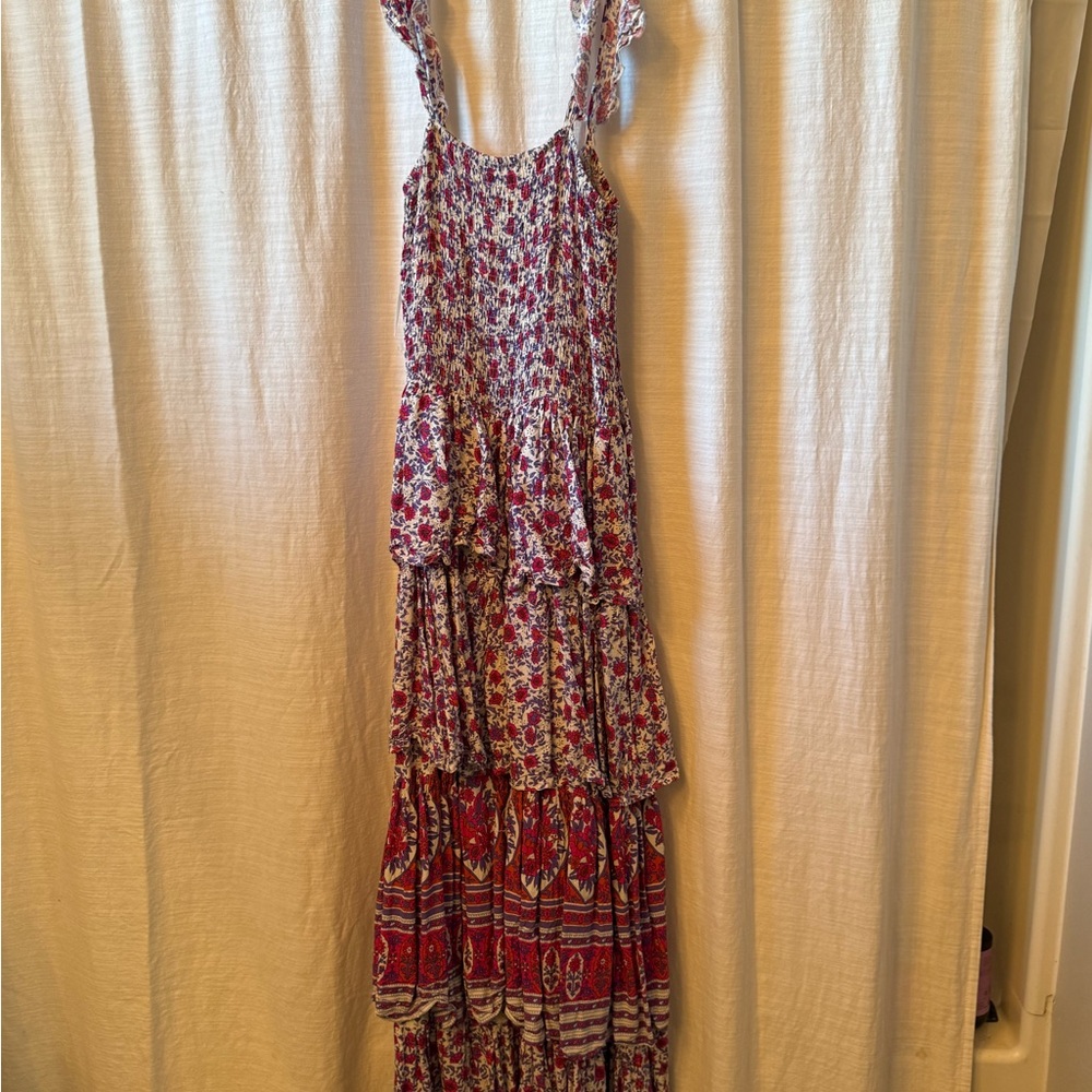 Smocked Tiered Maxi Dress in Red and Cream Floral